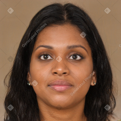 Joyful asian young-adult female with long  brown hair and brown eyes
