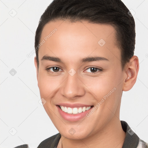 Joyful white young-adult female with short  brown hair and brown eyes