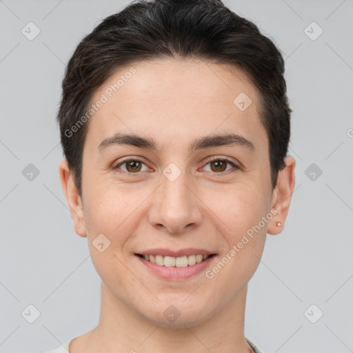 Joyful white young-adult female with short  brown hair and brown eyes