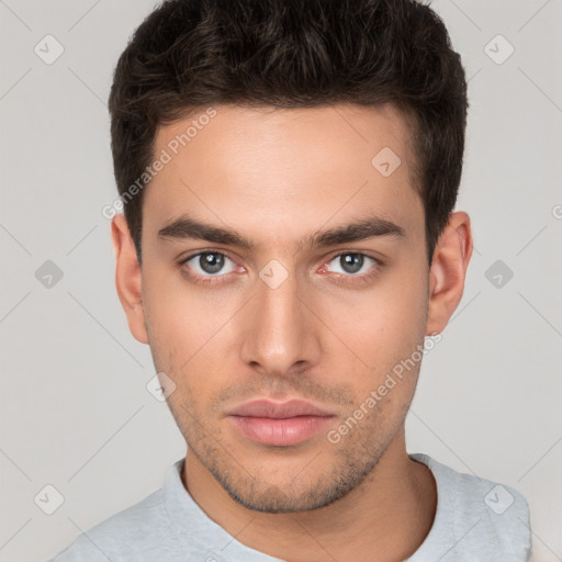 Neutral white young-adult male with short  brown hair and brown eyes