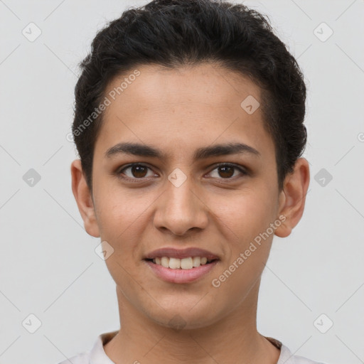 Joyful white young-adult female with short  brown hair and brown eyes