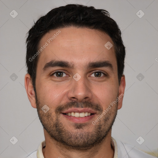 Joyful white young-adult male with short  brown hair and brown eyes