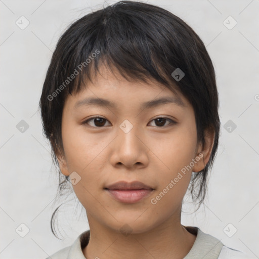 Neutral asian young-adult female with medium  brown hair and brown eyes