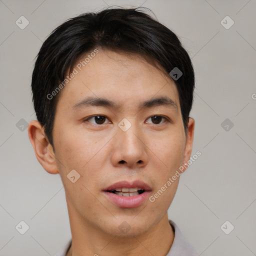 Neutral asian young-adult male with short  brown hair and brown eyes