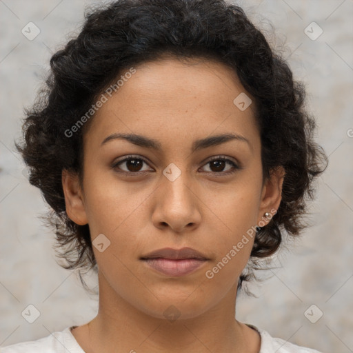 Neutral latino young-adult female with medium  brown hair and brown eyes