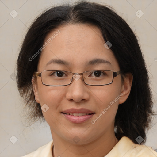 Joyful white adult female with medium  brown hair and brown eyes