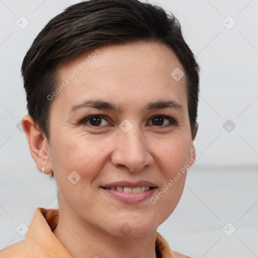 Joyful white adult female with short  brown hair and brown eyes