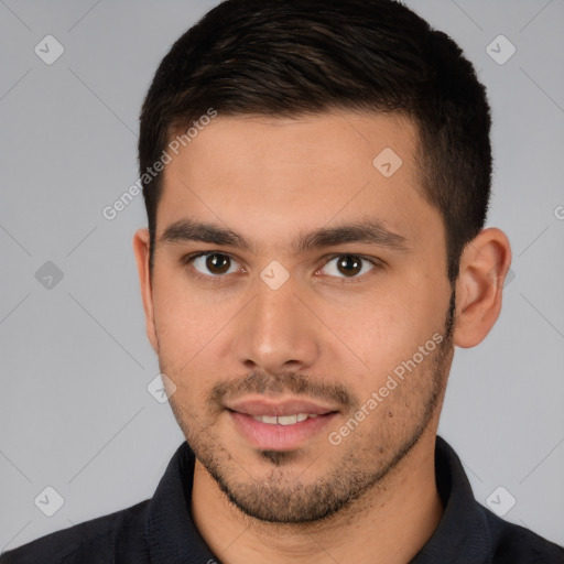 Neutral white young-adult male with short  brown hair and brown eyes