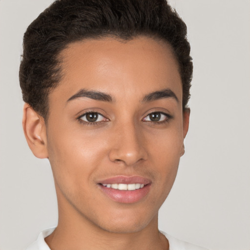 Joyful white young-adult female with short  brown hair and brown eyes