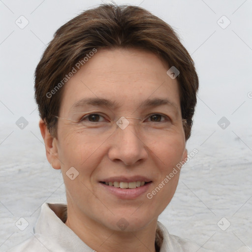 Joyful white adult female with short  brown hair and brown eyes