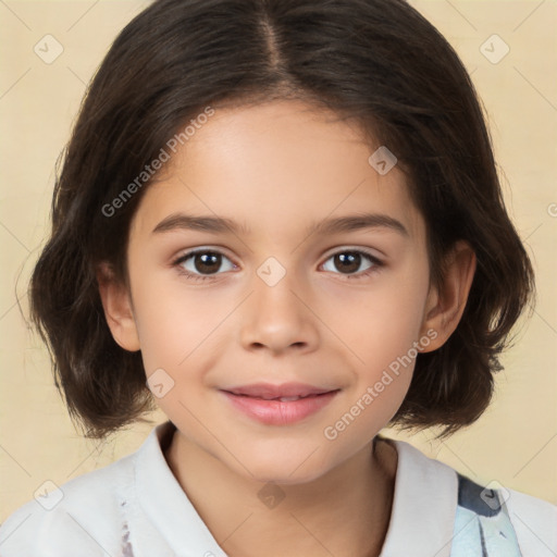 Joyful white child female with medium  brown hair and brown eyes