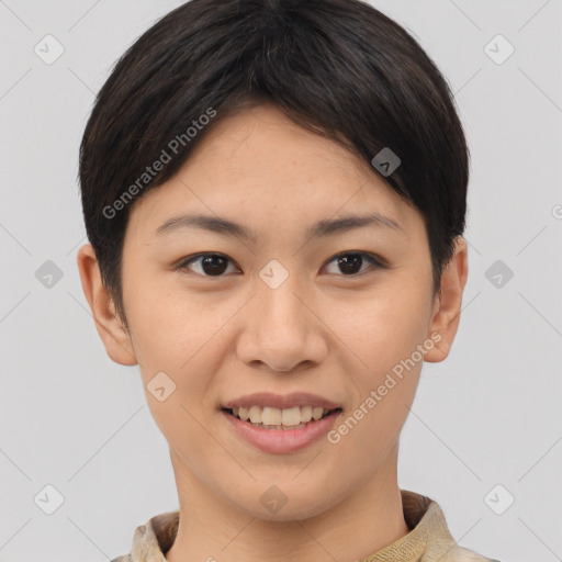 Joyful asian young-adult female with short  brown hair and brown eyes