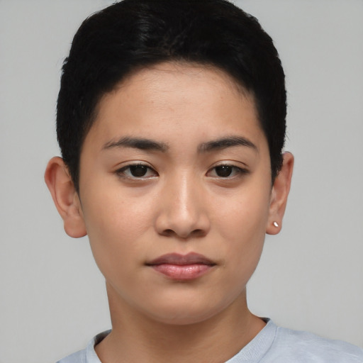 Neutral asian young-adult female with short  black hair and brown eyes