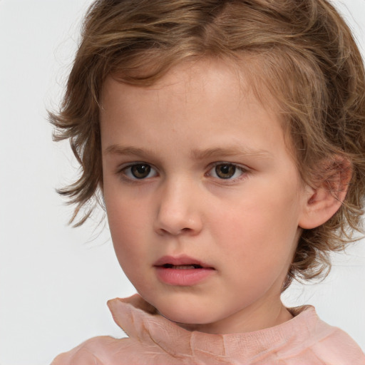 Neutral white child female with medium  brown hair and blue eyes