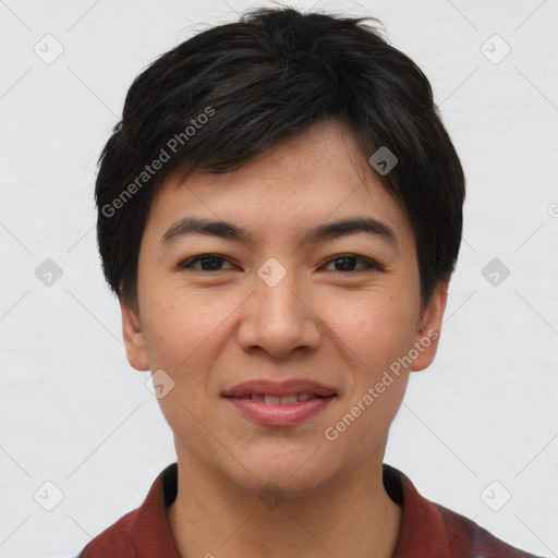 Joyful asian young-adult female with short  brown hair and brown eyes