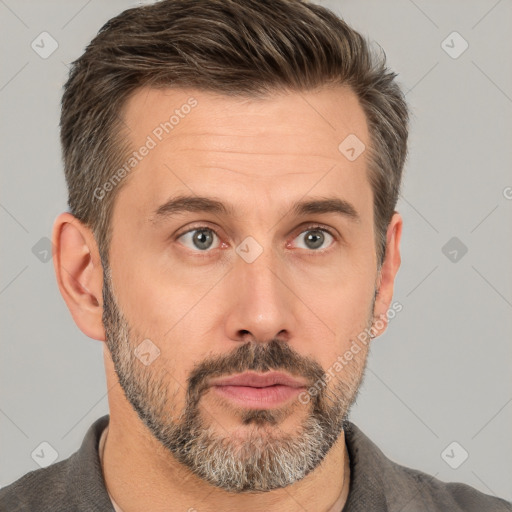 Neutral white adult male with short  brown hair and brown eyes