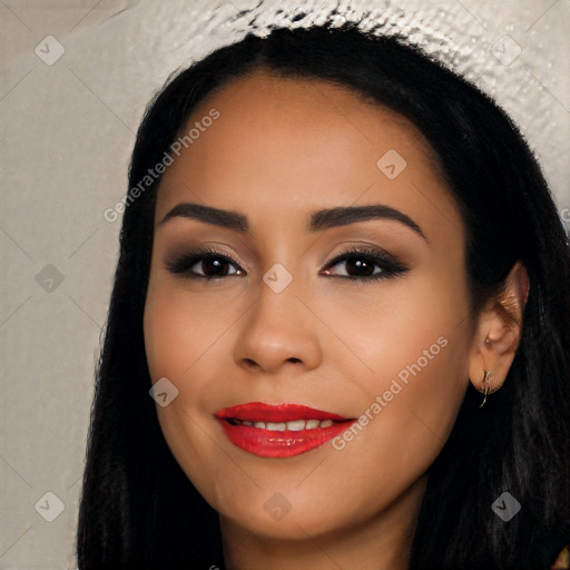 Joyful latino young-adult female with long  black hair and brown eyes