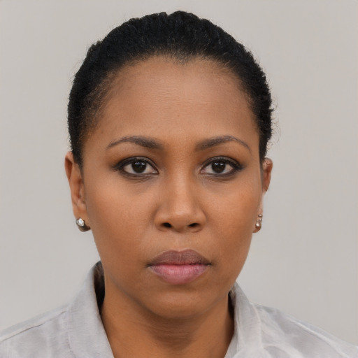 Neutral black young-adult female with short  black hair and brown eyes
