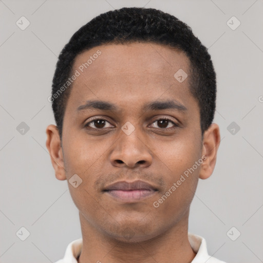 Neutral black young-adult male with short  black hair and brown eyes