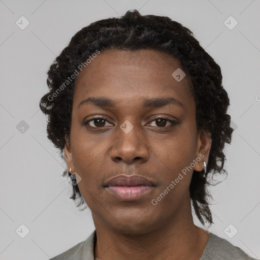 Neutral black young-adult female with short  black hair and brown eyes