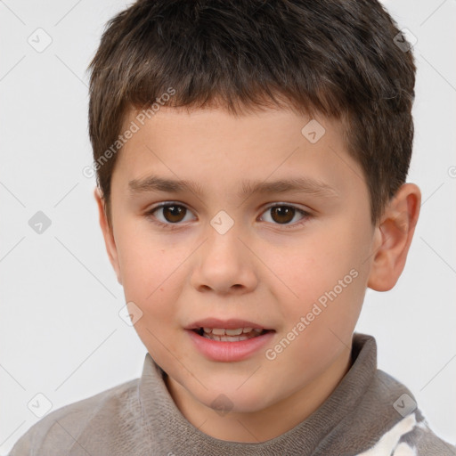 Joyful white child male with short  brown hair and brown eyes