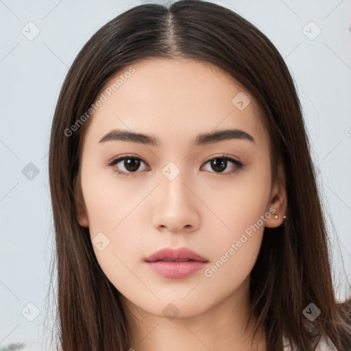 Neutral white young-adult female with long  brown hair and brown eyes