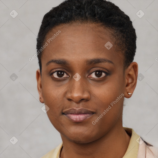 Neutral black young-adult female with short  black hair and brown eyes