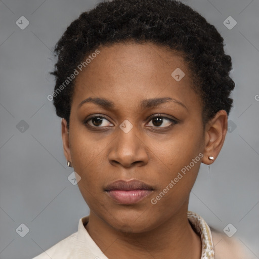 Neutral black young-adult female with short  black hair and brown eyes