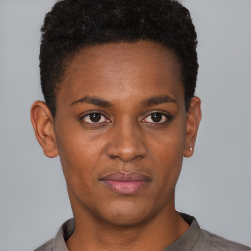 Neutral black young-adult female with short  black hair and brown eyes