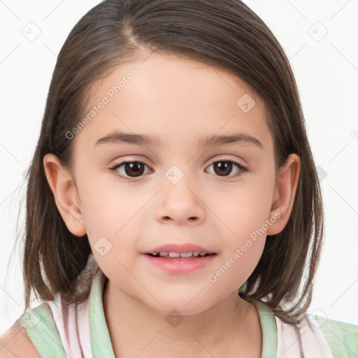 Joyful white child female with medium  brown hair and brown eyes