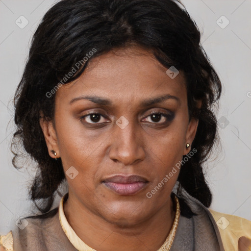 Neutral black young-adult female with medium  brown hair and brown eyes