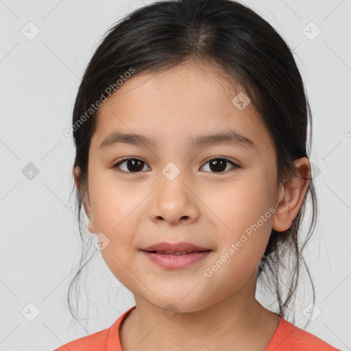 Joyful white child female with medium  brown hair and brown eyes