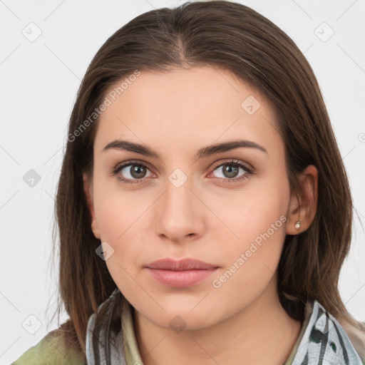 Neutral white young-adult female with medium  brown hair and brown eyes