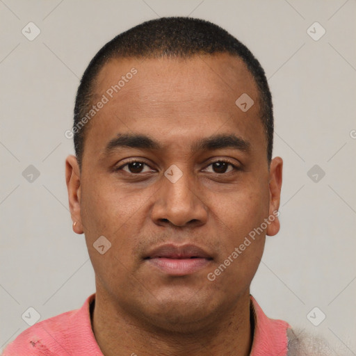 Neutral latino young-adult male with short  brown hair and brown eyes