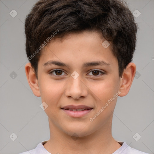 Joyful white child male with short  brown hair and brown eyes