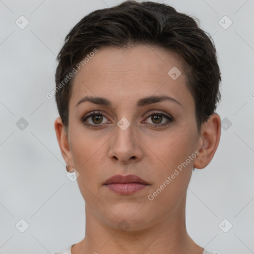 Neutral white young-adult female with short  brown hair and brown eyes