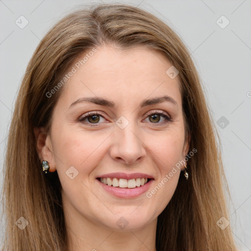 Joyful white young-adult female with long  brown hair and green eyes