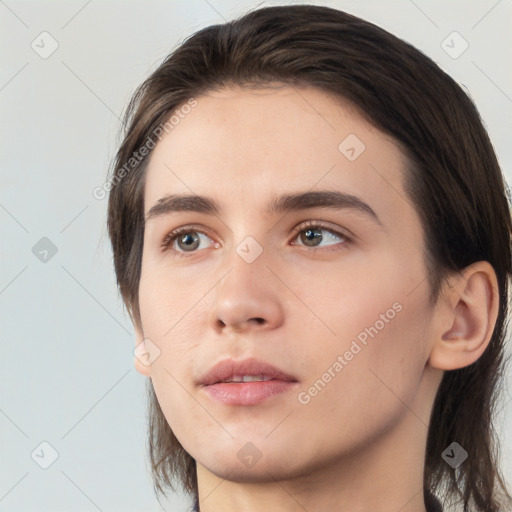 Neutral white young-adult female with medium  brown hair and brown eyes