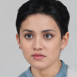 Neutral asian young-adult female with short  black hair and brown eyes