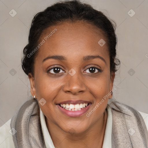 Joyful black young-adult female with medium  brown hair and brown eyes