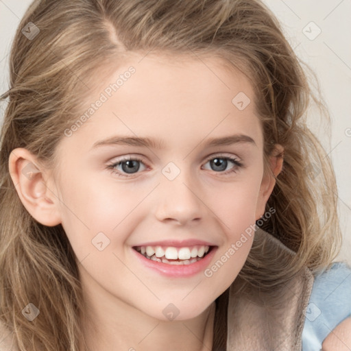 Joyful white child female with long  brown hair and brown eyes