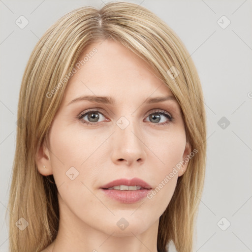 Neutral white young-adult female with long  brown hair and green eyes