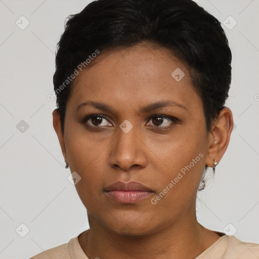 Neutral black young-adult female with short  brown hair and brown eyes