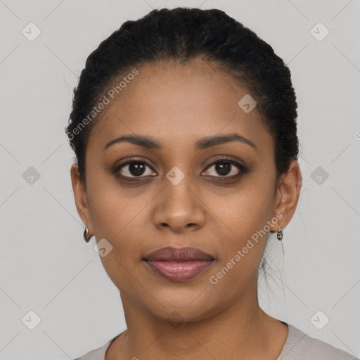 Joyful latino young-adult female with short  black hair and brown eyes