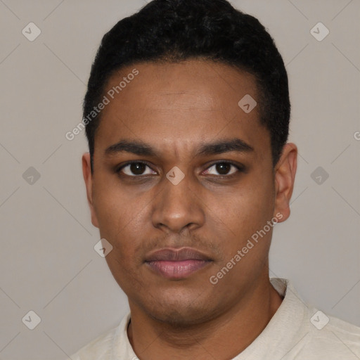 Neutral latino young-adult male with short  black hair and brown eyes