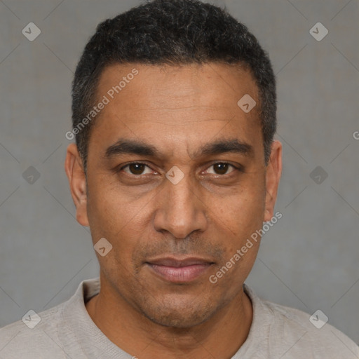 Neutral black adult male with short  black hair and brown eyes