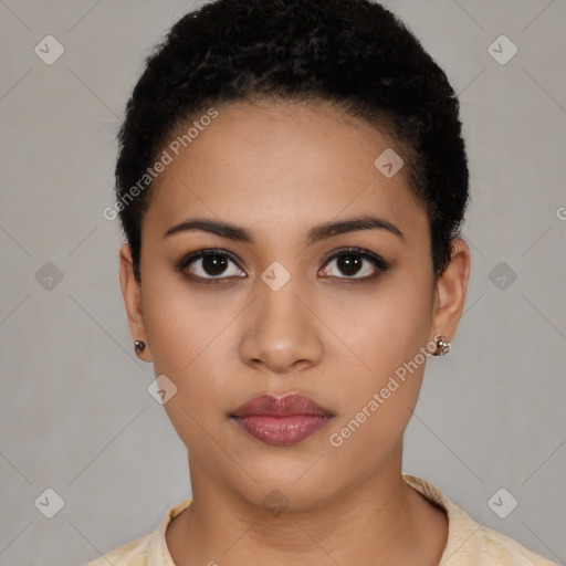 Neutral latino young-adult female with short  black hair and brown eyes