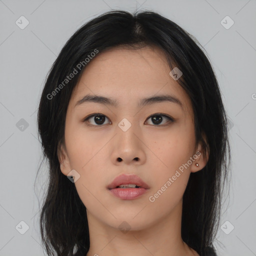 Neutral asian young-adult female with medium  black hair and brown eyes