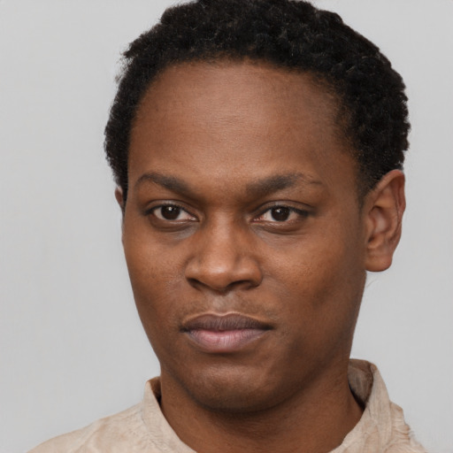 Neutral black young-adult male with short  black hair and brown eyes