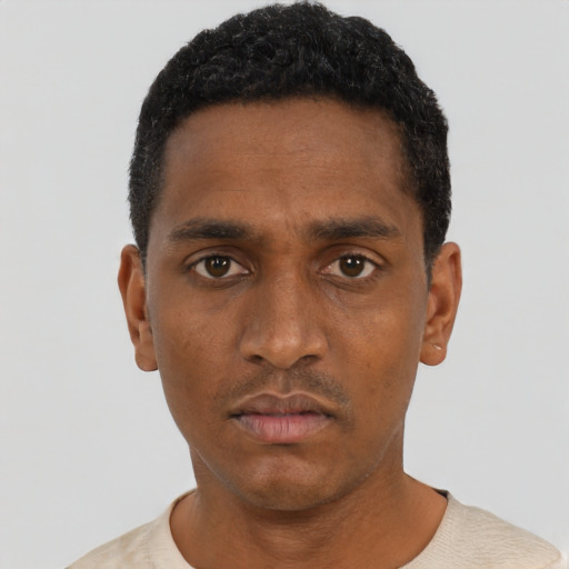 Neutral black young-adult male with short  black hair and brown eyes